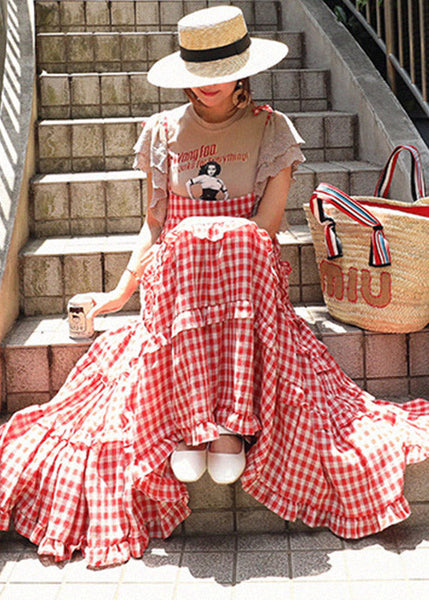 neck Plaid Sleeveless Button Stylish Dresses Layered Red Slash FashionChic