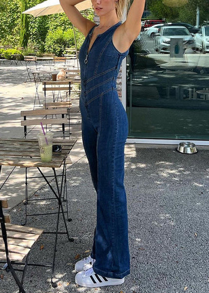 Backless Zip Jumpsuit Blue New Up Sleeveless Denim FashionChic