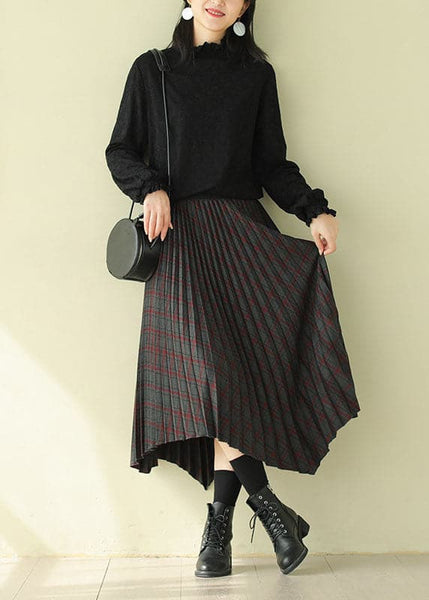 Women Chocolate Elastic Waist Asymmetrical Design Plaid Cotton Skirt Fall AJ1011 shopify