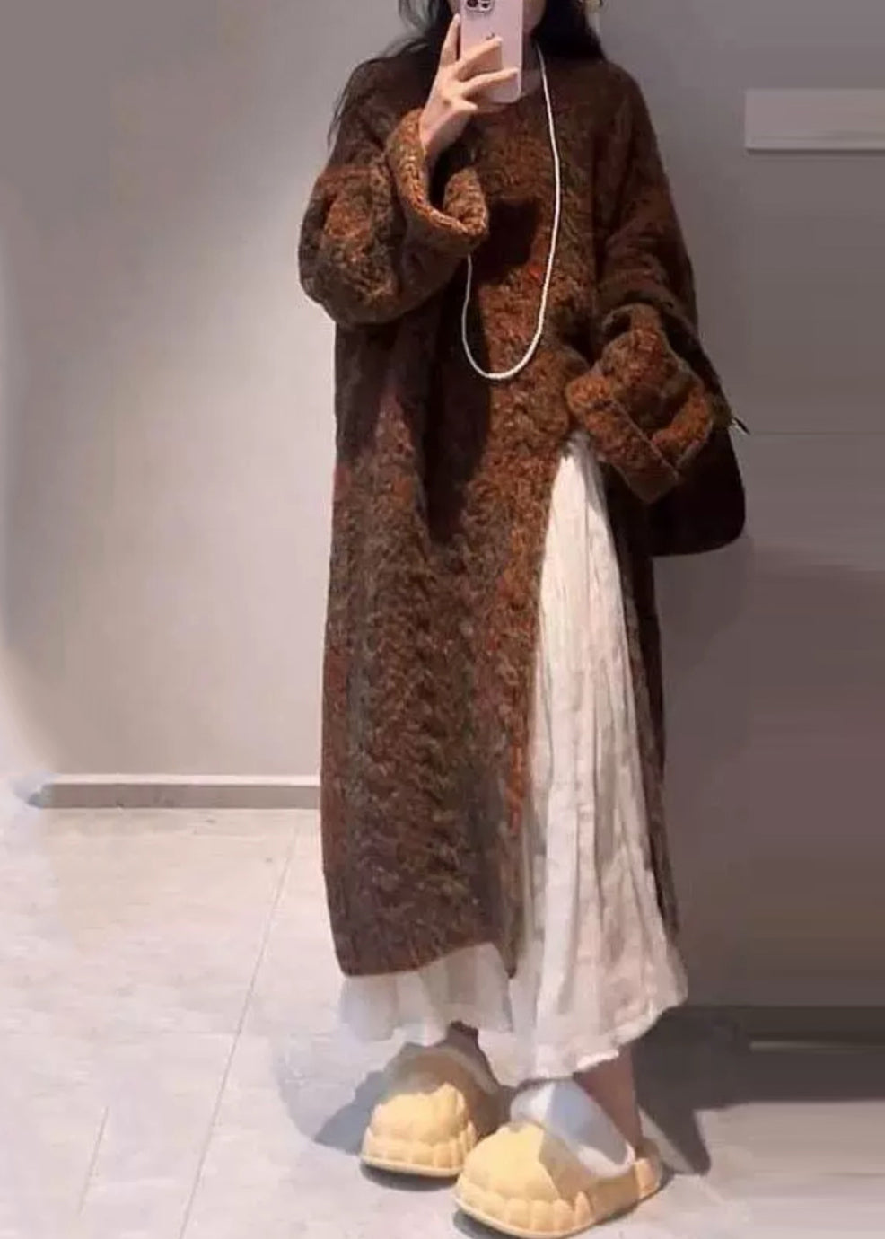 Handmade Coffee O-Neck Asymmetrical Cotton Knit Long Sweaters Winter WV024 ABC