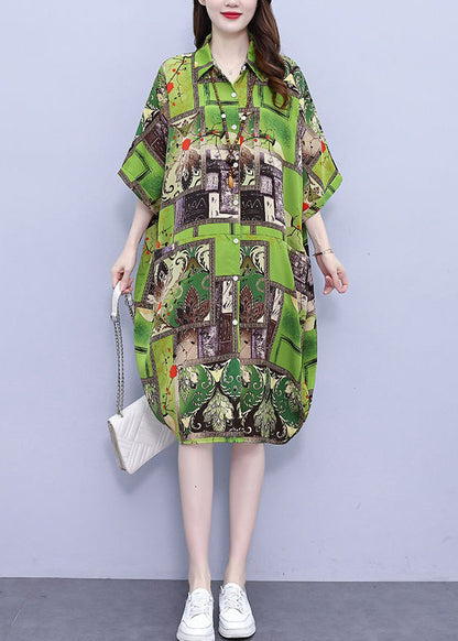 Loose Green Print Pockets Cotton Shirts Dress Half Sleeve NN030 shopify