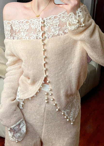 Two Apricot Piece Knit Set Slash Patchwork Lace Neck Suit Fine FashionChic