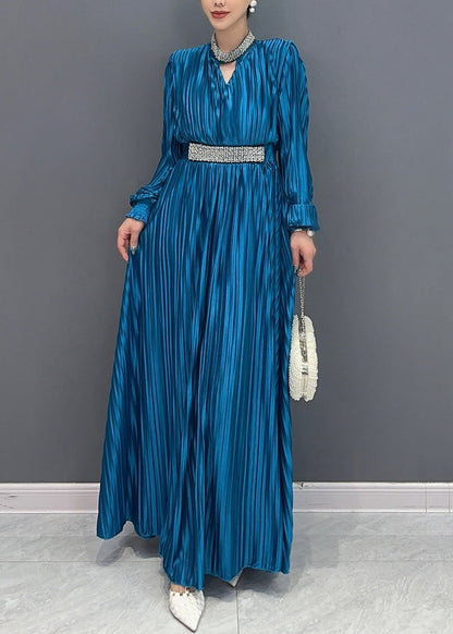Elegant Blue V Neck Wrinkled Maxi Dress Long Sleeve AO1037 JDML-FDL240909