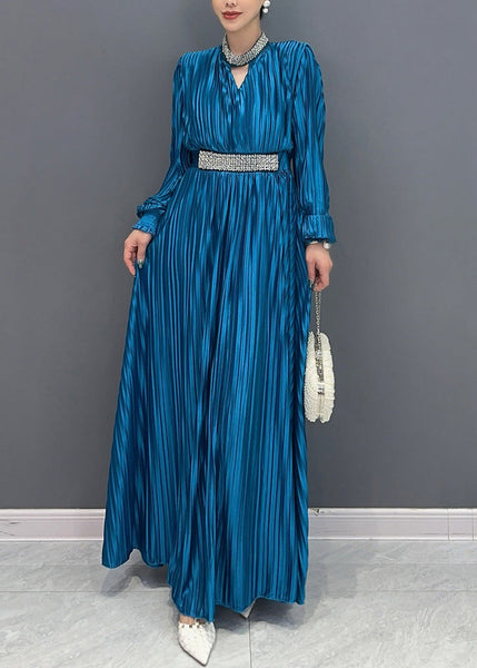 Elegant Blue V Neck Wrinkled Maxi Dress Long Sleeve AO1037 JDML-FDL240909
