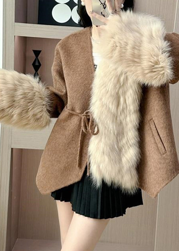 Elegant Caramel Fox Collar Patchwork Tie Waist Woolen Coats Fall RY016 ABC