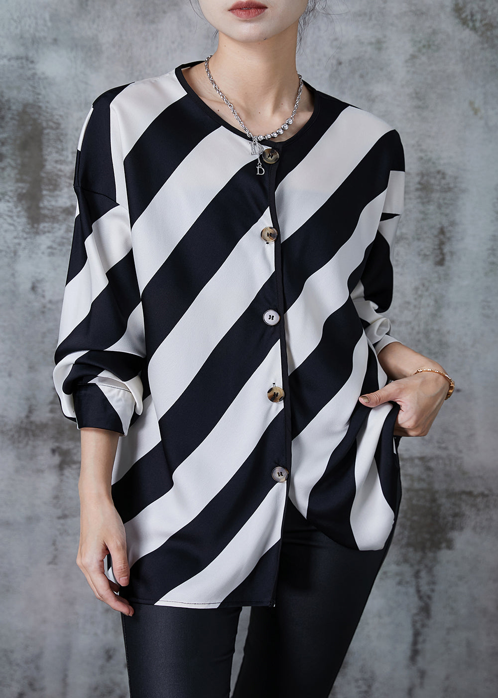 Elegant Black White Striped Oversized Chiffon Shirts Spring PZGY-LTP240826