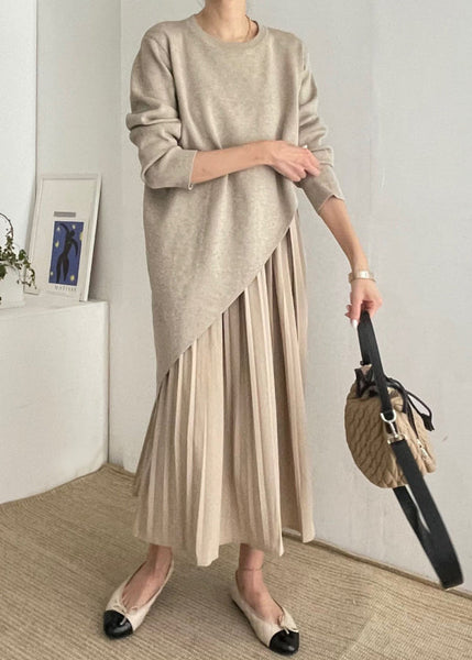 Asymmetrical Dress Wrinkled Two Knit Khaki Beautiful Set Piece FashionChic