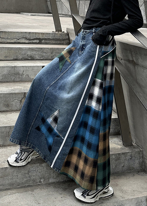 High Loose Waist Plaid Patchwork Spring Blue Skirt Denim FashionChic