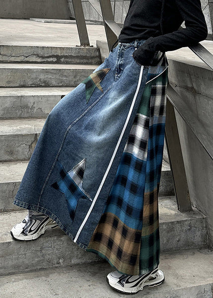 High Loose Waist Plaid Patchwork Spring Blue Skirt Denim FashionChic