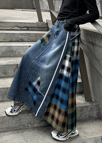 High Loose Waist Plaid Patchwork Spring Blue Skirt Denim FashionChic