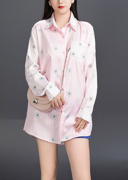 Art Pink Peter Pan Collar Print Cotton Shirt Fall AJ1006 JDML-240909