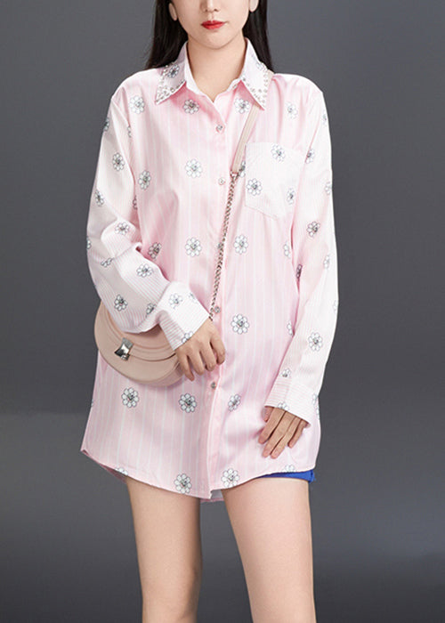 Art Pink Peter Pan Collar Print Cotton Shirt Fall AJ1006 JDML-240909