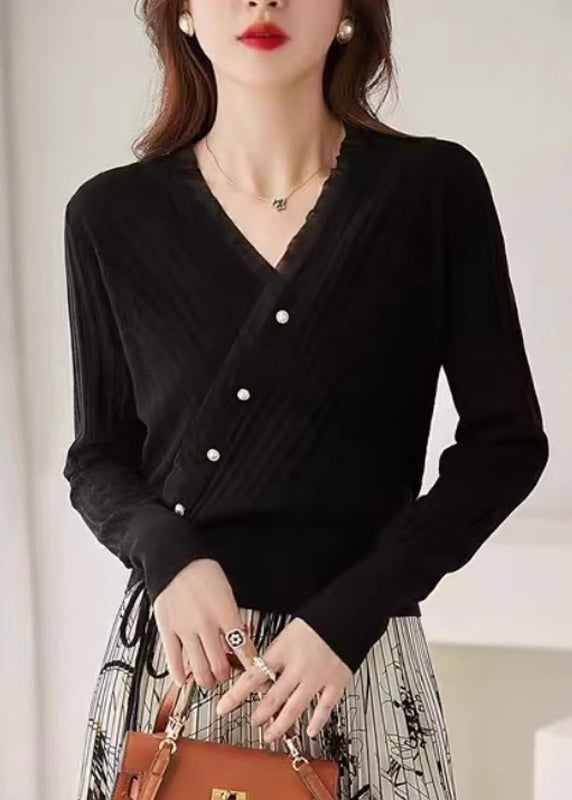 Fitted Blue V Neck Patchwork Drawstring Cotton Knit Sweaters Fall QP017 OL-NTP241001