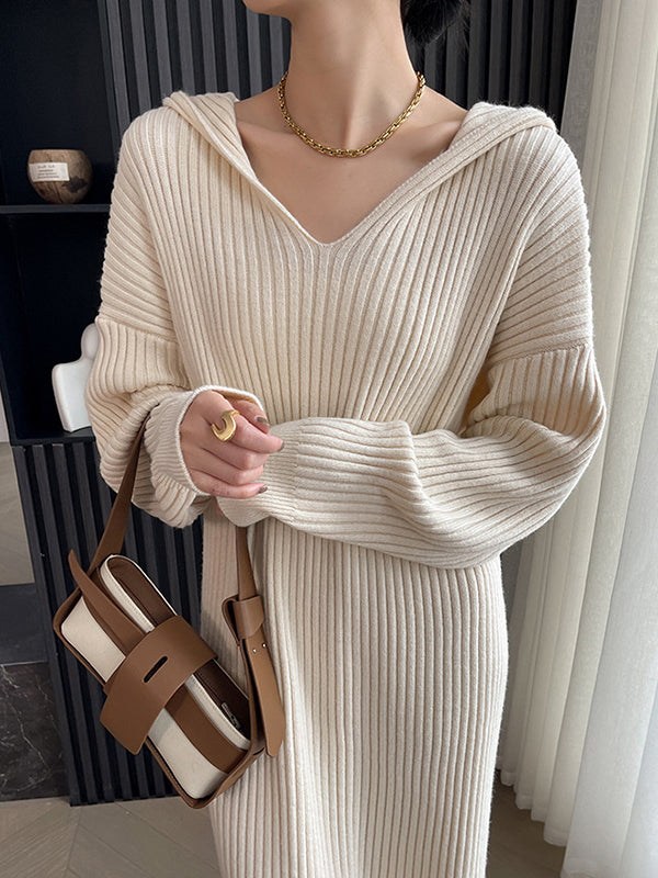 Stylish Apricot V-neck Hooded Long Sleeve Striped Knit Dress AN1044 Genistyle Shop