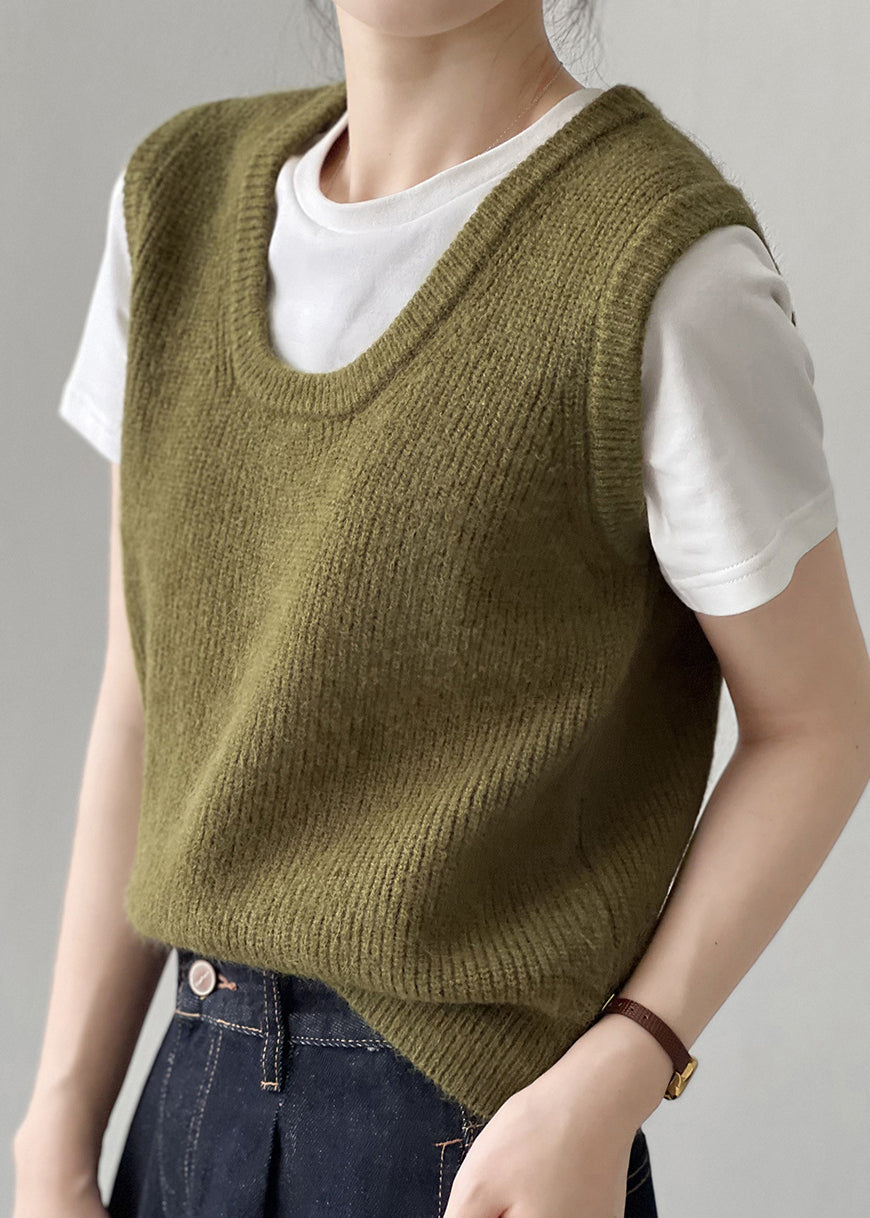 2024 Simple Versatile Green U Neck Knitted Vest Autumn WD016 HS-VTP241103