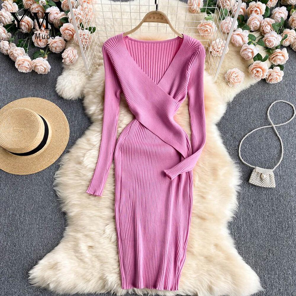 Sexy Pink V-neck Cross Slim Waist Long Sleeve Knit Sweater Dress AR1018 shopify