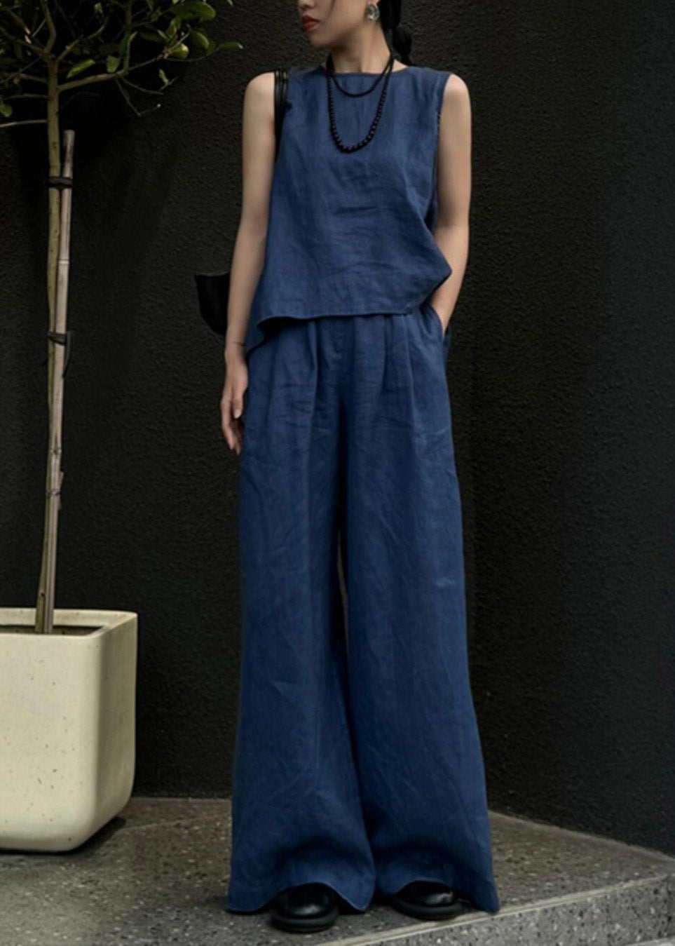 Women Blue Linen Vest And Wide Leg Pants Two Pieces Set Sleeveless AN1026 Genistyle Shop