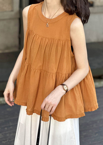 Loose Orange Wrinkled Lace Up Cotton Top Sleeveless AF1089 HS-STP240914