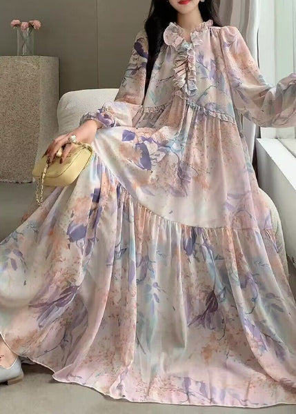 Fantasy Purple Print Patchwork Ruffled Long Sleeve Dress AZ1005 shopify