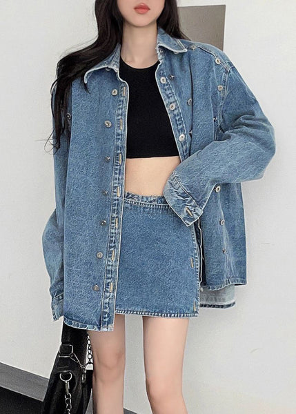 French Blue Peter Pan Collar Button Denim Two-Piece Set Fall EE005 shopify