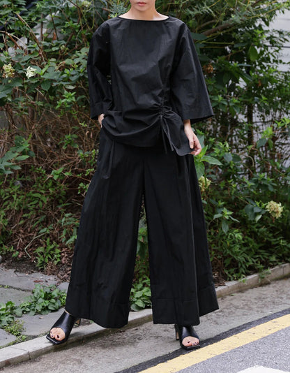 Casual Cotton Top Drawstring Sleeve Khaki Half Asymmetrical FashionChic