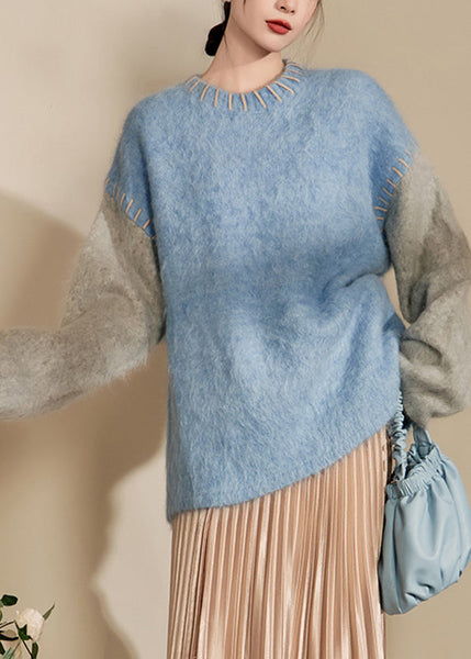 Loose Blue O-Neck Patchwork Thick Cotton Knit Sweaters Winter RY004 ABC