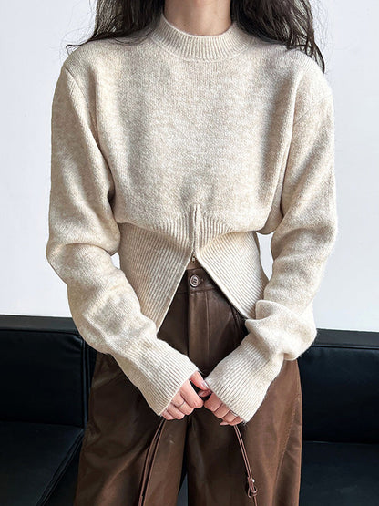 Chic Grey Mock Neck Zip-up Hem Long Sleeve Sweater AN1072 Genistyle Shop