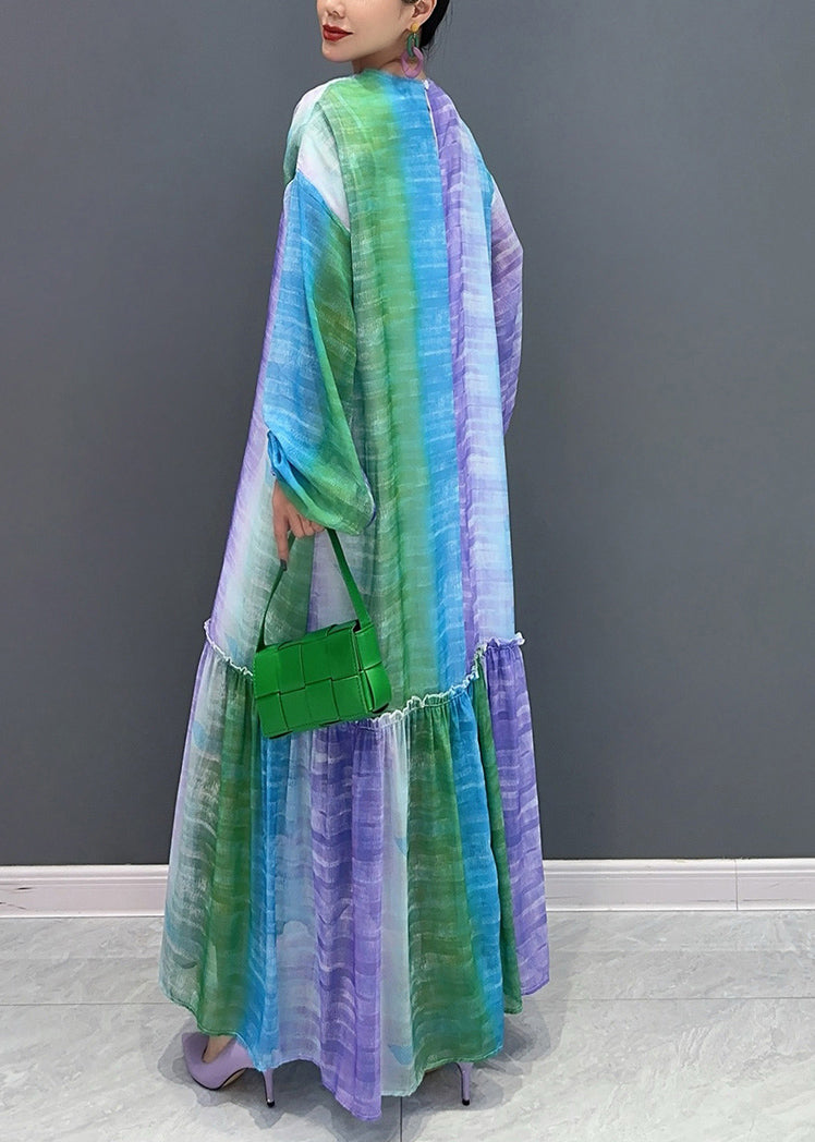 Loose Blue Purple Gradient Color Ruffled Patchwork Long Dresses Fall AO1026 JDML-FDL240909