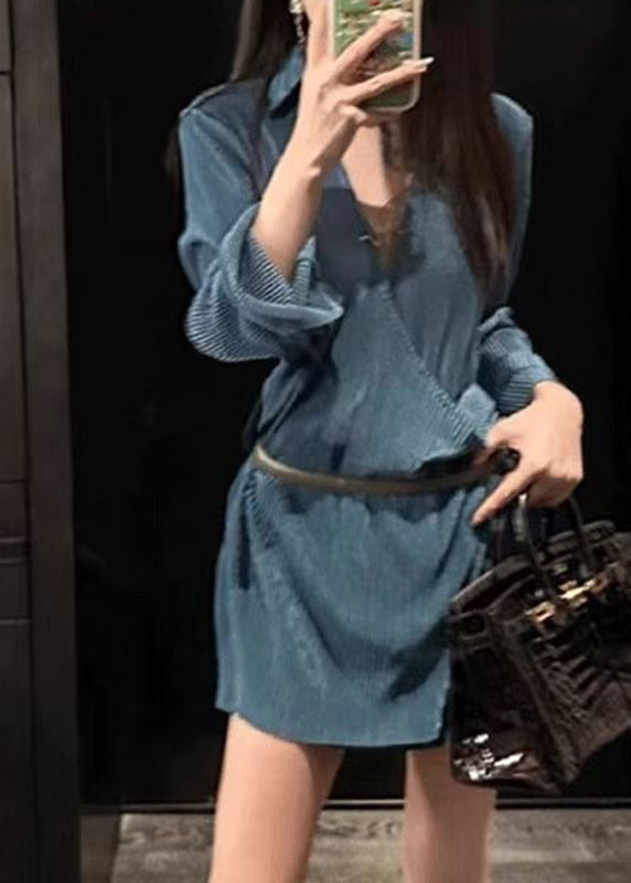 Slim Fit Blue V Neck Sashes Party Mid Dress Long Sleeve AN1014 Genistyle Shop