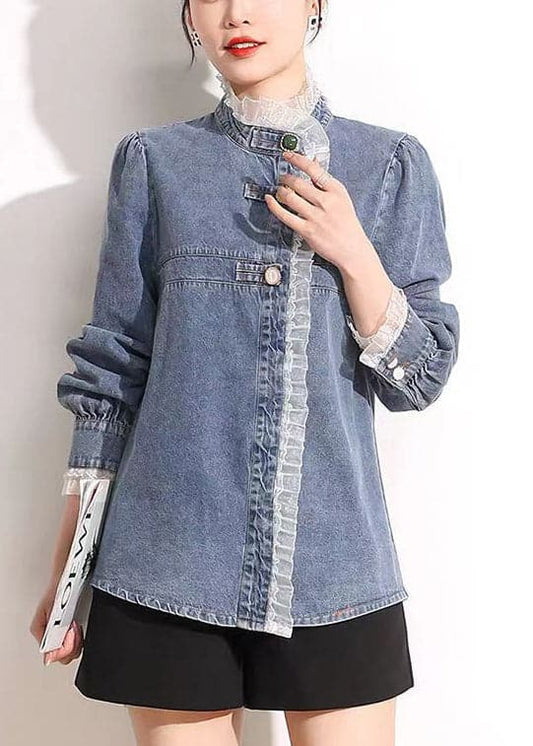 French Blue Stand Collar Asymmetrical Patchwork Lace Cotton Denim Coats Long Sleeve AJ1005 shopify