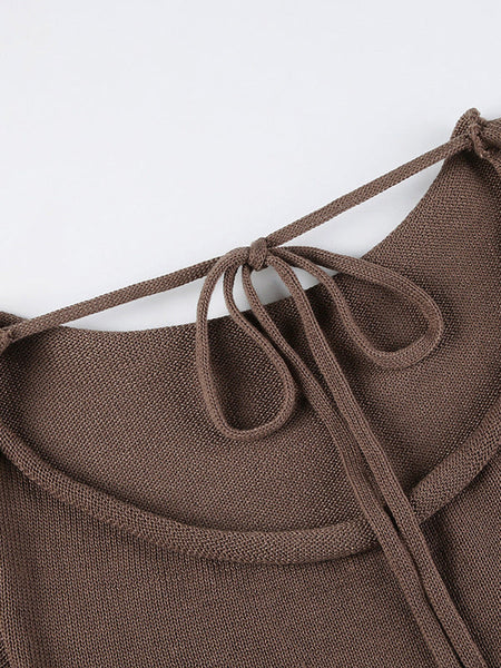 Vintage Brown Round-Neck Back Cross Hollow Lace-Up Long Bell Sleeve Sweater AN1039 Genistyle Shop