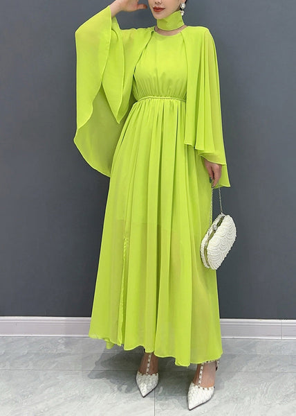 Fitted Green Shawl Collar Patchwork Vacation Maxi Dresses Flare Sleeve AO1031 JDML-FDL240909