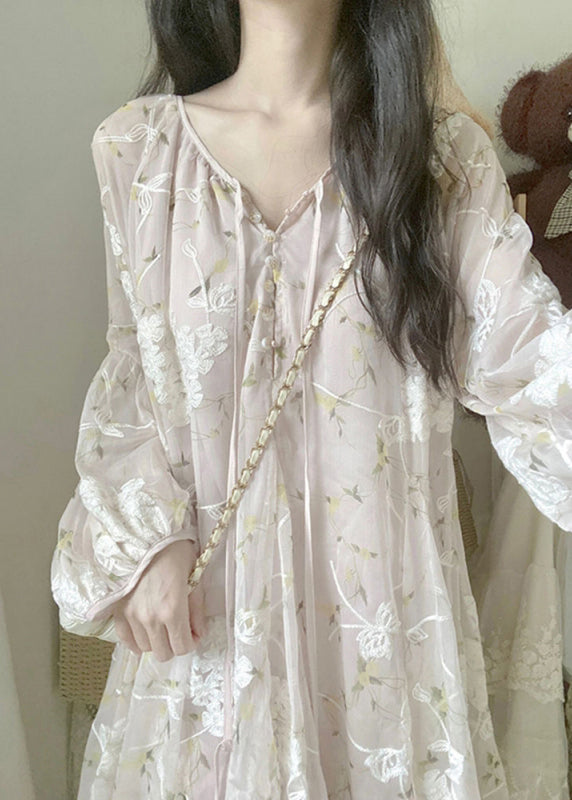 Chic Apricot V Neck Embroidered Silk Mid Dress Lantern Sleeve NN039 shopify