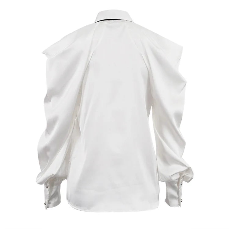 Satin Off Tie Top Sleeve Party Long Shoulder Lapel White with FashionChic