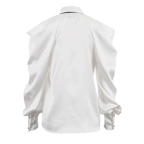 Satin Off Tie Top Sleeve Party Long Shoulder Lapel White with FashionChic
