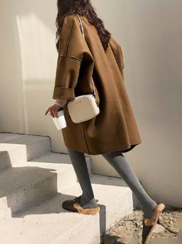 Elegant Loose Khaki Notched Collar Buttoned Pockets Long Sleeves Woolen Coat WS013 shopify