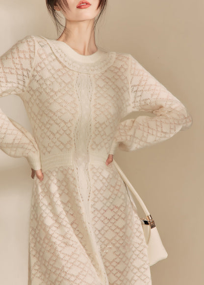 French Beige O Neck Jacquard Knitted Dress Fall WV013 ABC