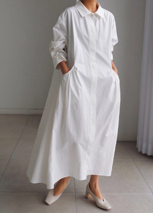 Pan Peter Long Cotton Sleeve Button Boutique Collar Dress White FashionChic