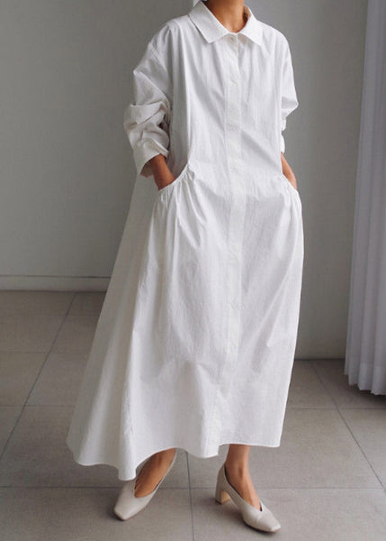 Pan Peter Long Cotton Sleeve Button Boutique Collar Dress White FashionChic