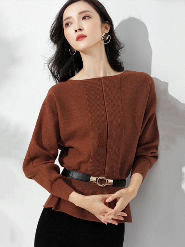 Elegant Red Boat Neck Tunic Ruffled Hem Long Sleeve Sweater AN1040 Genistyle Shop