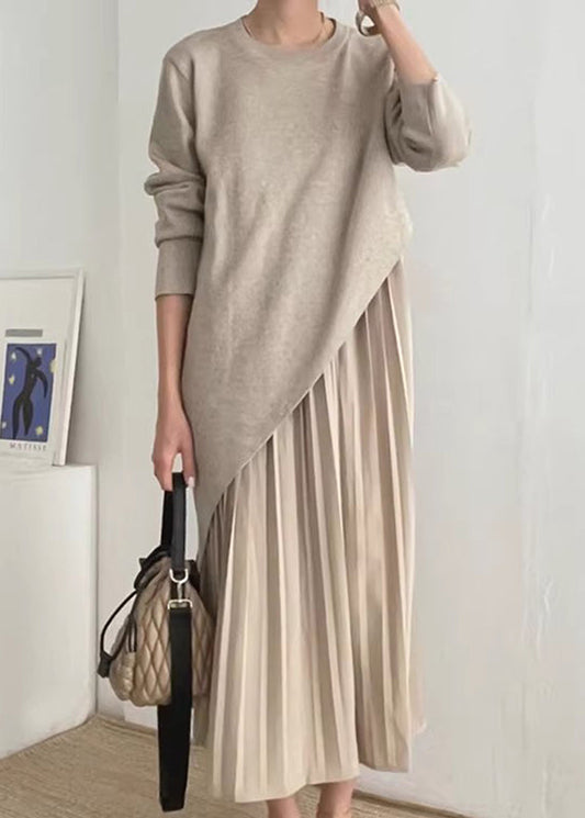 Asymmetrical Dress Wrinkled Two Knit Khaki Beautiful Set Piece FashionChic