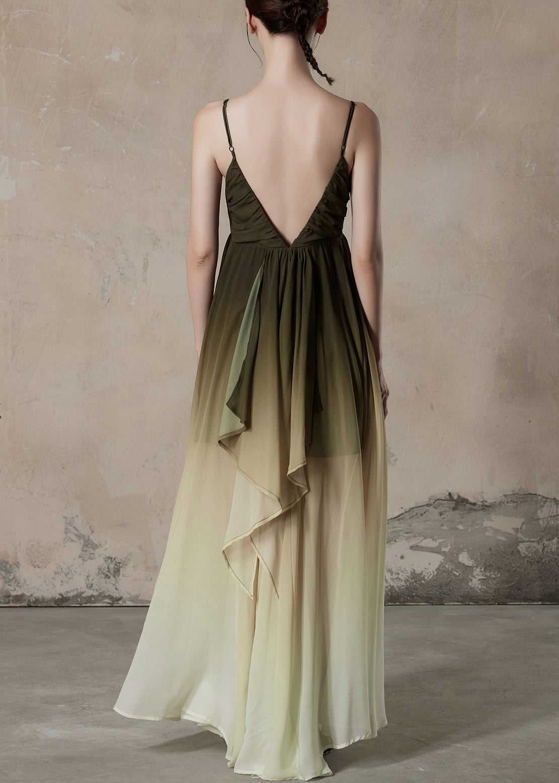 Wrinkled Chiffon Gradient Neck Sleeveless Chic Dress Color Long V FashionChic