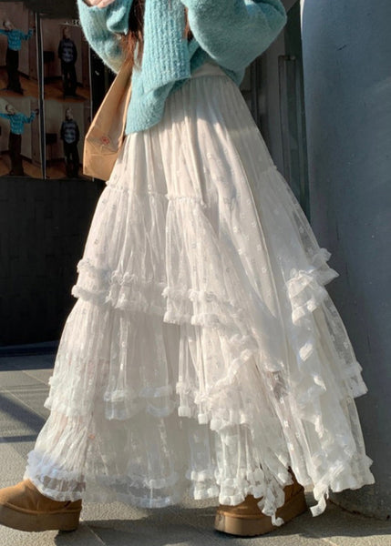 White Skirts French Ruffled High Lace Waist Spring FashionChic