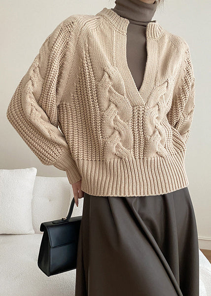 Khaki Cozy Solid Knit Sweaters V Neck Fall AF1047 HS-NTP240914