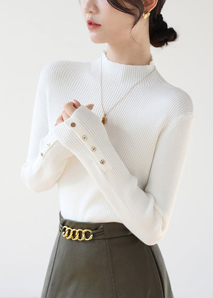 New White Hign Neck Button Patchwork Knit Sweater Winter RV026 ABC
