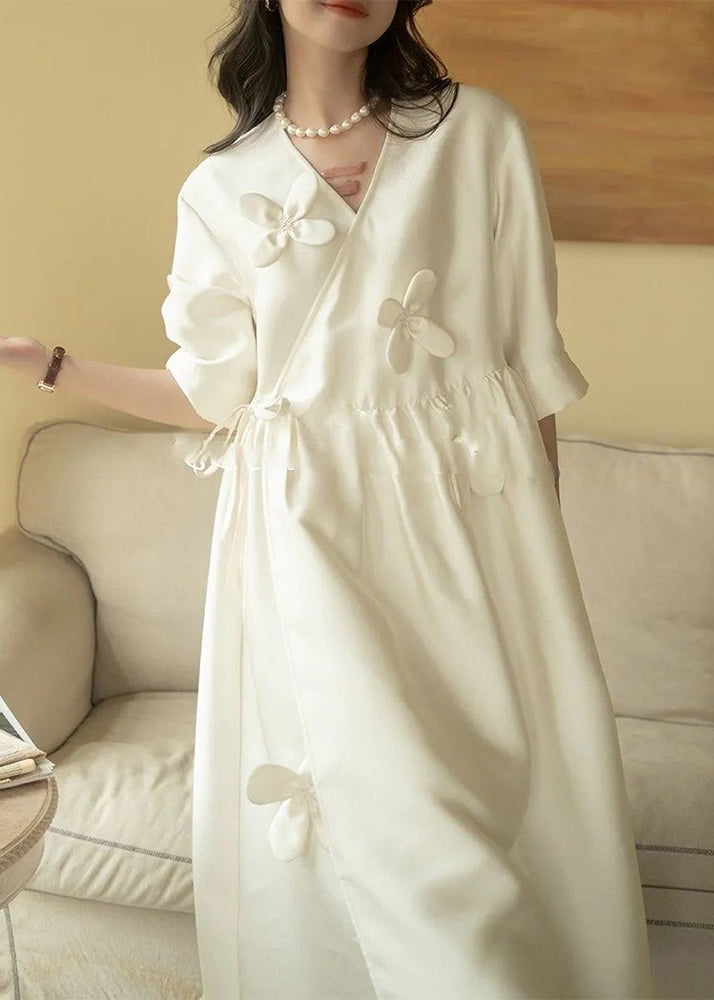 Neck Chic Summer Dress Long V Lace Floral Cotton White Up FashionChic