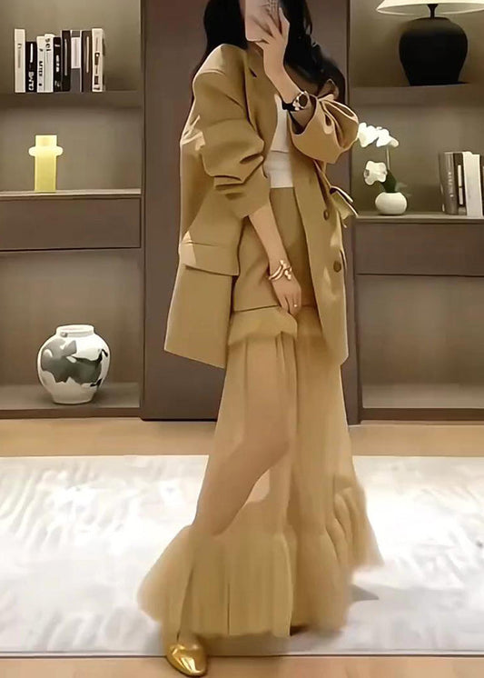 Set Stylish Suit Pieces And Coat Khaki Two Skirts Spring FashionChic