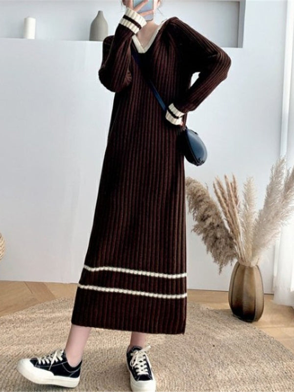 Urban Coffee Hooded V-Neck Long Sleeve Striped Knit Dress AN1051 Genistyle Shop