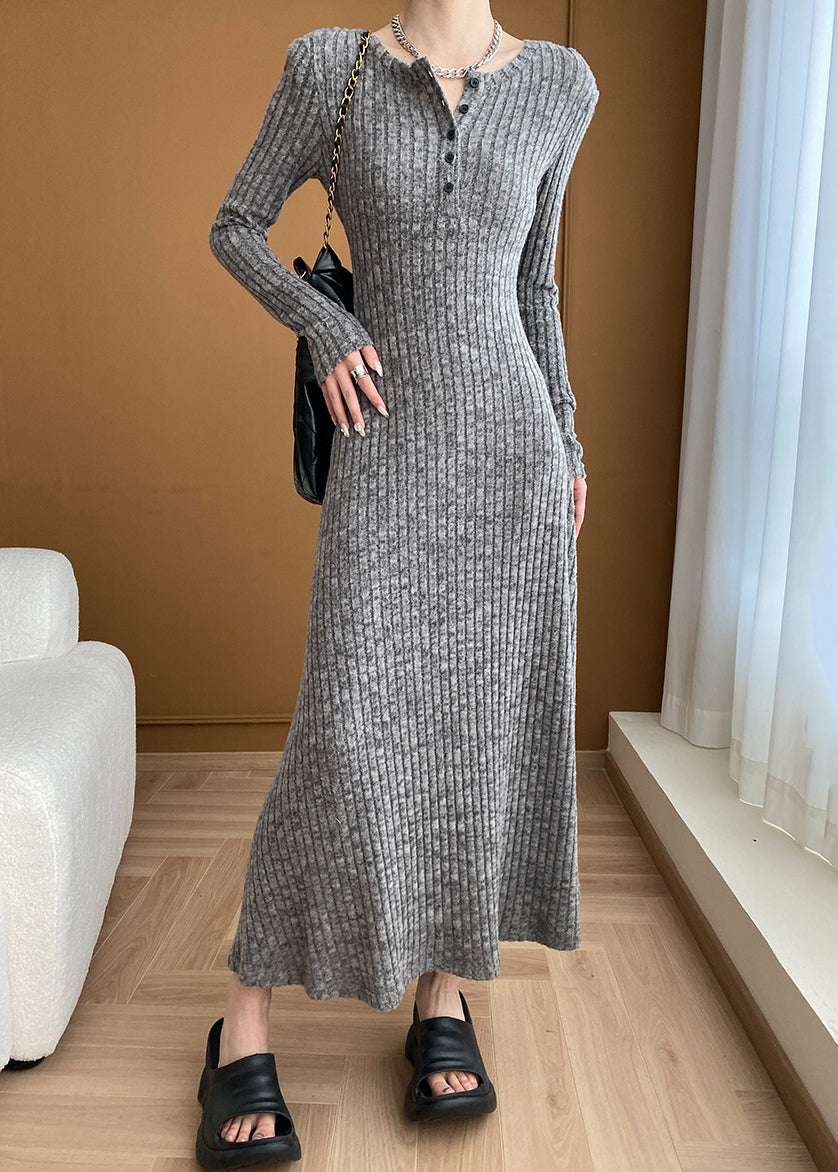 New Grey V Neck Button Cotton Knit Sweater Dress Long Sleeve AF1056 HS-NSD240914