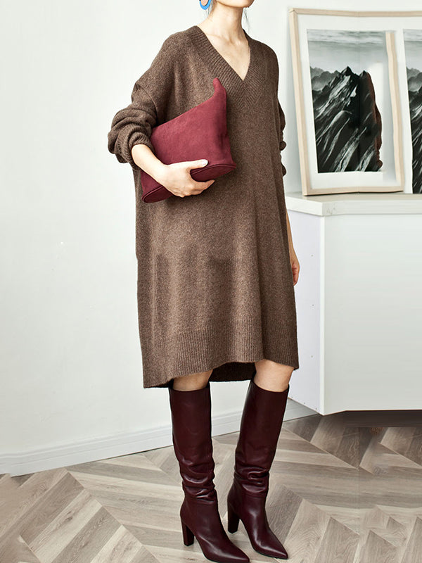 Stylish Loose Camel V-Neck Long Sleeve Sweater Dress QX006 shopify